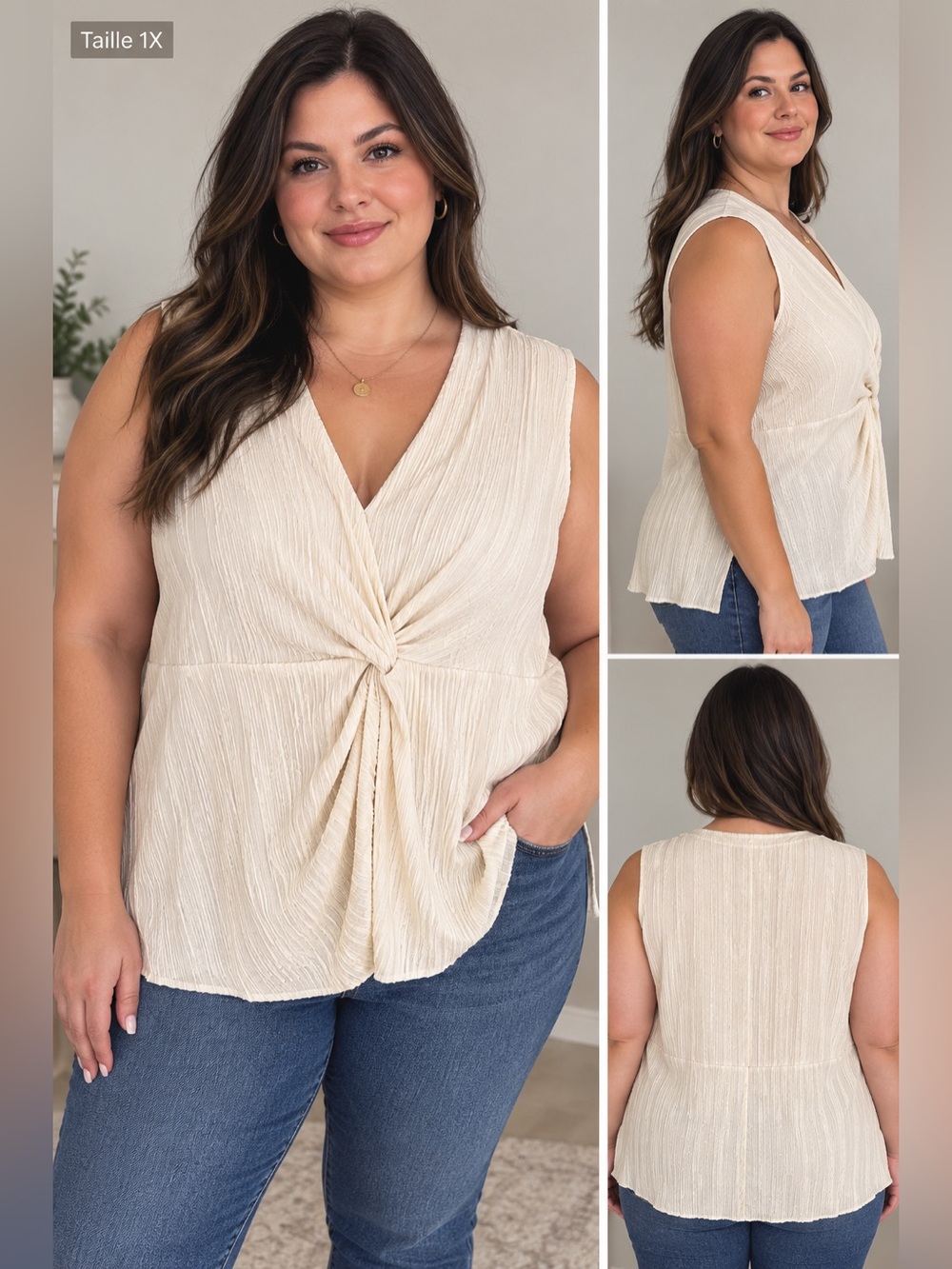 DKNY Cream Pleated Sleeveless Twist-Front Top